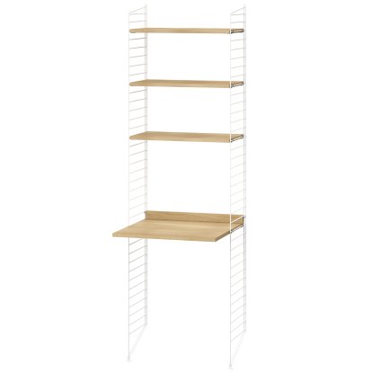 Étagère au sol avec bureau intégré String System, Rayonnages chêne, panneaux blancs