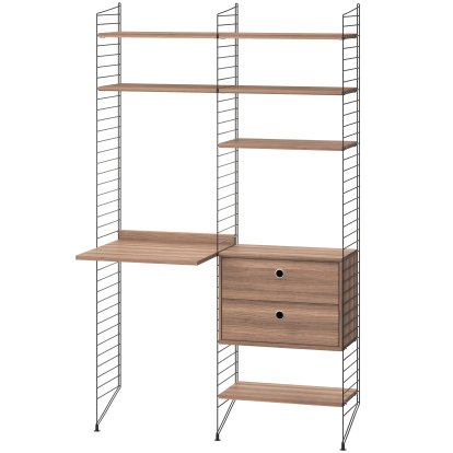 Étagère au sol avec bureau et rangement String System, Rayonnages noyer, panneaux noirs