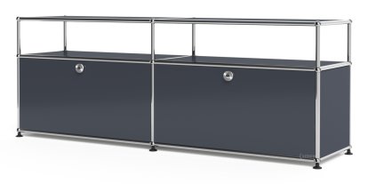 Meuble bas Lowboard L USM Haller avec rehausse, personnalisable, Anthracite RAL 7016, Avec 2 portes abattantes, Avec passe-câbles au centre bas