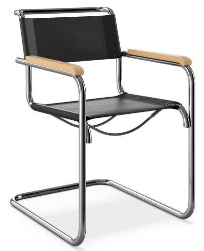 Chaise cantilever S 33 / S 34 originale, Accotoirs hêtre teinté  naturel, Cuir véritable, Noir, Sans patins