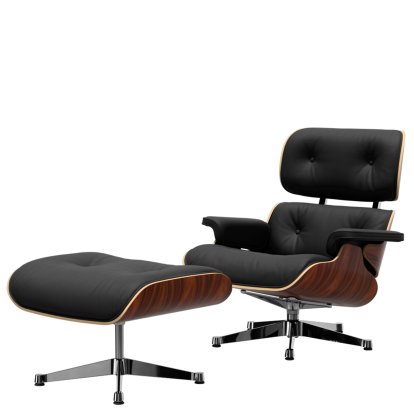 Eames Lounge Chair & Ottoman, Palissandre Santos, Cuir Premium F nero, 84 cm - Hauteur originale de 1956, Aluminium poli