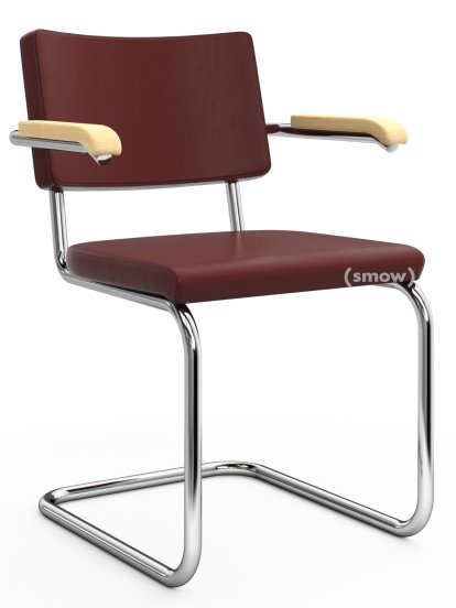 Chaise cantilever S 64 PV Pure Materials, Cuir Nappa bordeaux, Frêne, Chromé, Patins en plastique noir avec feutre