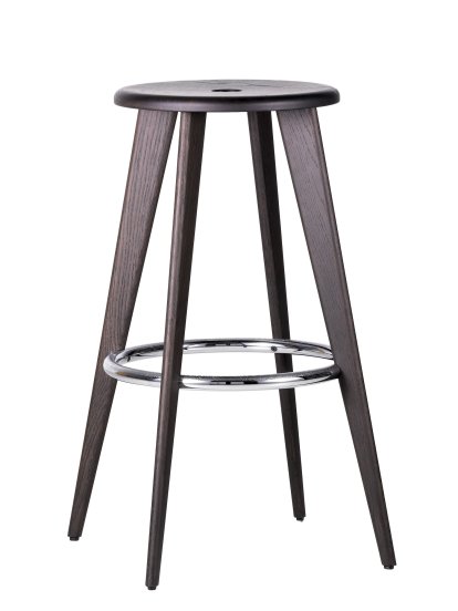 Tabouret Haut, Chêne foncé, repose-pieds chromé