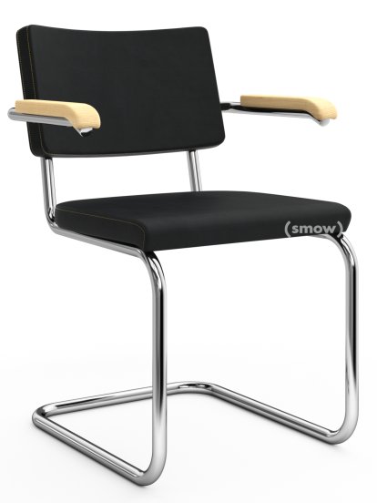 Chaise cantilever S 64 PV Pure Materials, Cuir Nubuk noir, Frêne, Chromé, Patins en plastique noir avec feutre
