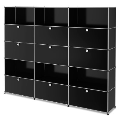 Étagère à dossiers XL USM Haller, personnalisable, Noir graphite RAL 9011, Avec 3 portes abattantes, Avec 3 portes abattantes, Ouvert, Avec 3 portes abattantes