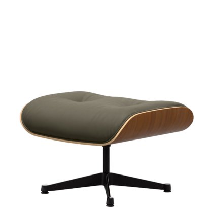 Eames Lounge Chair Ottoman, Noyer naturel, Cuir Premium F kaki, Aluminium poli, côtés noirs