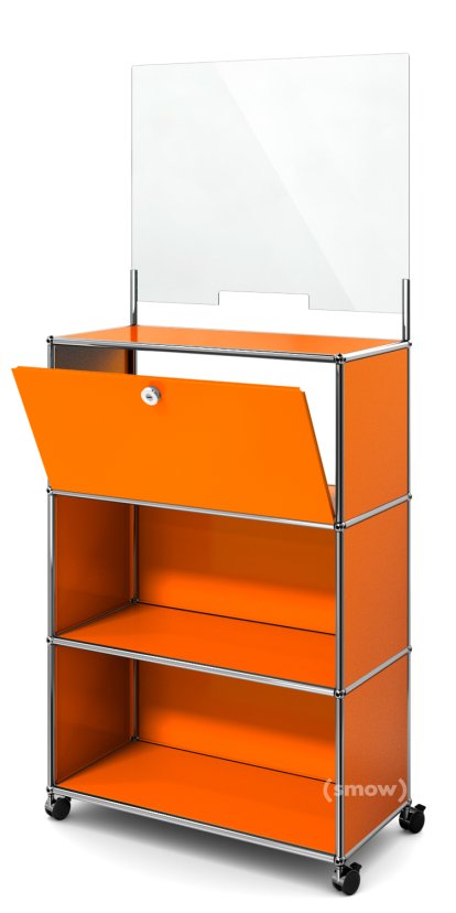 Comptoir USM Haller M avec écran de sécurité et passe-documents, Orange pur RAL 2004, Avec roulettes
