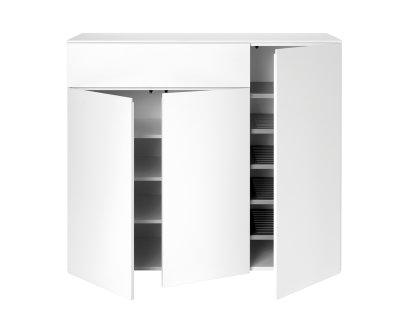 Commode Urban, Avec 3 portes et 1 tiroir, Étagères à gauche / Tablettes en tôle perforée à droite, Avec patins