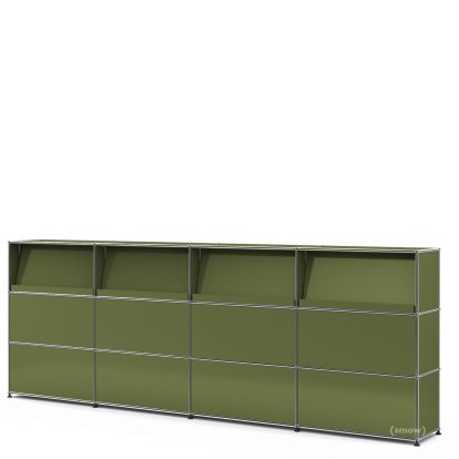 Comptoir d’accueil USM Haller version 2 (avec tablettes inclinées), Vert olive RAL 6003, 300 cm (4 éléments), 35 cm