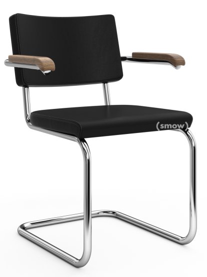Chaise cantilever S 64 PV Pure Materials, Cuir Nappa noir, Noyer, Chromé, Patins en plastique noir avec feutre