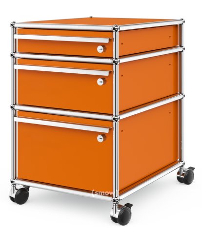 Caisson à roulettes USM Haller 3 tiroirs Type 2, Tous les compartiments avec serrures, Orange pur RAL 2004