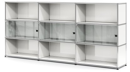 Meuble haut XL avec 3 portes vitrées USM Haller, Avec poignée sans serrure, Blanc pur RAL 9010