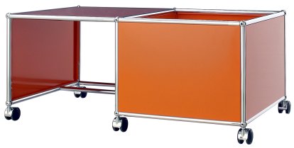 Table à roulettes pour enfants USM Haller, Caisse à gauche, Orange pur RAL 2004 - rouge rubis USM