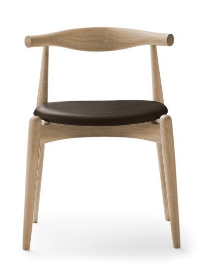 Chaise CH20 Elbow, Chêne laqué blanc, Cuir marron