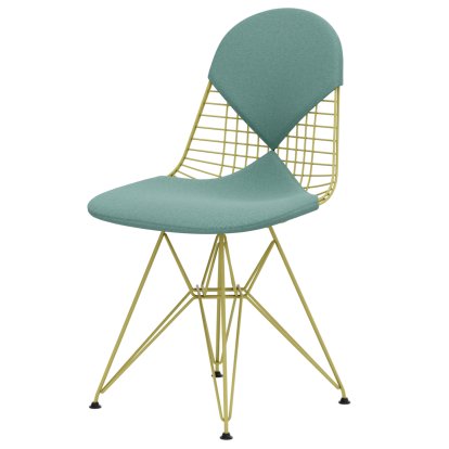 Chaise Wire Chair DKR, Revêtement thermolaqué citron, Coussin pour assise et dossier (Bikini), Hopsak menthe / ivoire