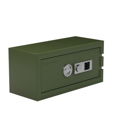 Coffre-fort Balzsafe Connect pour étagères USM Haller, 75 cm x 35 cm x 35 cm, Vert olive RAL 6003, Serrure à combinaison électronique avec clé de révision