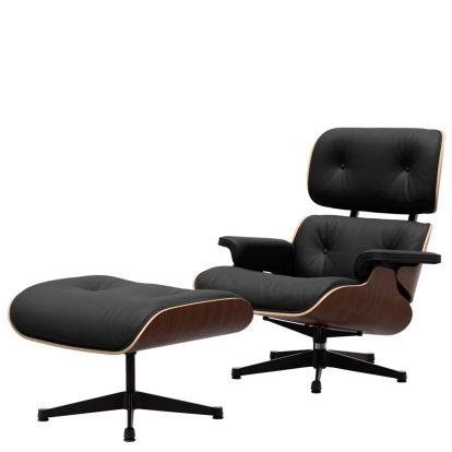 Eames Lounge Chair & Ottoman, Noyer foncé, Cuir Premium F nero, 89 cm, Aluminium poli, côtés noirs