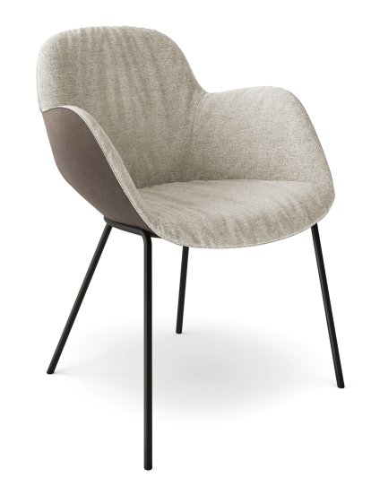 Fauteuil Sheru, Tissu Gaia lin, Cuir vintage nutmag, Peint par poudrage noir mat