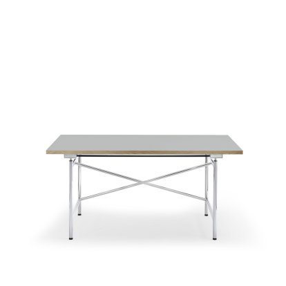 Table Eiermann 1 M (réglage mécanique de la hauteur), Linoleum gris cendré (Forbo 4132) avec bords en chêne, 140 x 80 cm, Chromé