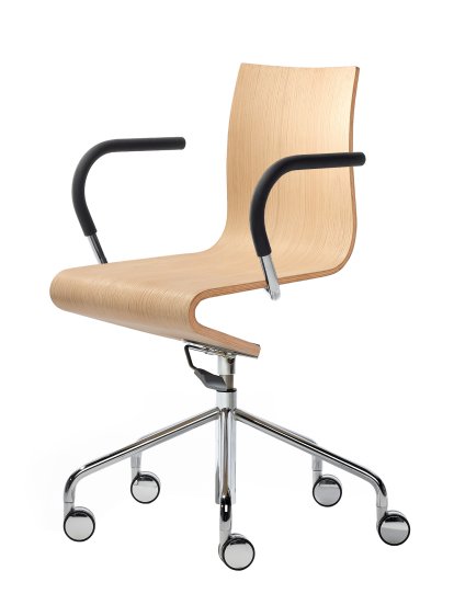 Chaise de bureau Seesaw, Chromé avec ressort à gaz, Avec accoudoirs, couleur match avec la piétement, Chêne naturel