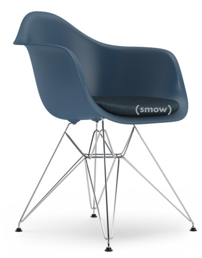 Eames Plastic Armchair DAR, Bleu océan, Avec coussin d'assise, Bleu glacier / marron marais, Version standard - 43 cm, Chromé
