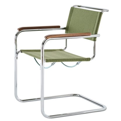 Chaise Cantilever S 33 / S 34 V Soft, Accoudoirs noyer huilé, Chromé, Tissu nobel 68303 - vert, Patins en plastique noir avec feutre