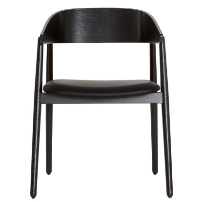 Chaise salle à manger AC2, Chêne laqué noir mat, Avec coussin d'assise, cuir noir
