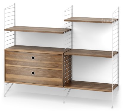 Étagère String System avec tiroirs, Blanc, Placage noyer