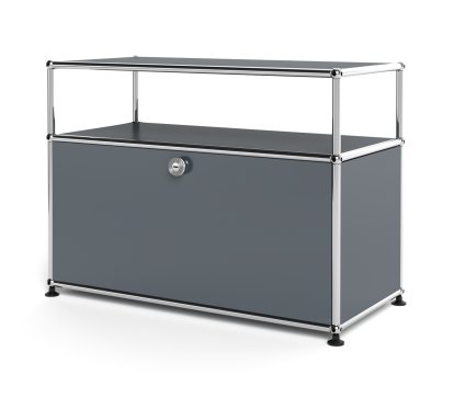 Meuble bas Lowboard M USM Haller avec rehausse, personnalisable, Gris moyen RAL 7005, Avec  porte abattante, Sans passe-câbles