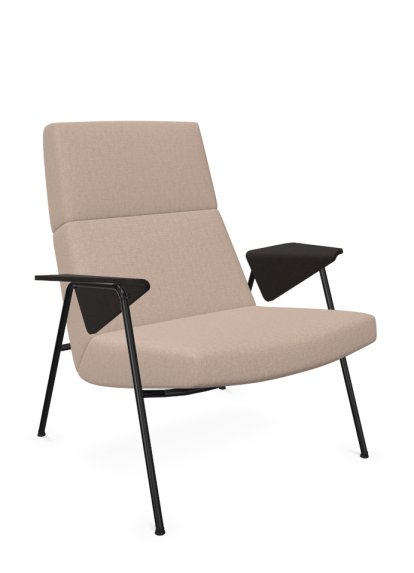 Fauteuil Votteler, Dossier bas, Tissu Gaia champagne, Peint par poudrage noir mat, Chêne fumé