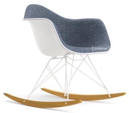 Eames Plastic Armchair RE RAR avec rembourrage, Blanc non-RE, Rembourrage intégral, Bleu foncé / ivoire, Blanc, Blanc/érable nuance de jaune