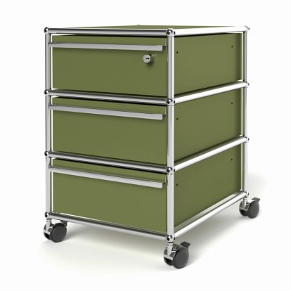 Caisson à roulettes USM Haller avec 3 tiroirs Type 1 , Serrure sur le tiroir du dessus, Vert olive RAL 6003
