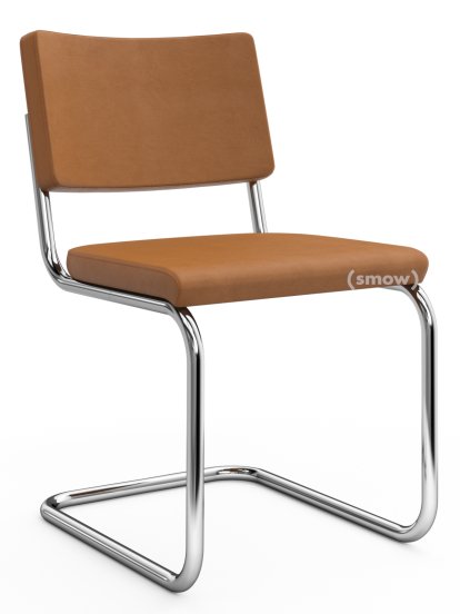 Chaise cantilever S 32 PV Pure Materials, Cuir Nubuk ocre-marron, Chromé, Patins en plastique noir avec feutre