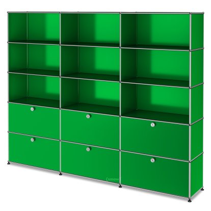 Étagère à dossiers XL USM Haller, personnalisable, Vert USM, Ouvert, Ouvert, Avec 3 portes abattantes, Avec 3 portes abattantes