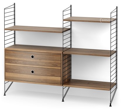 Étagère String System avec tiroirs, Noir, Placage noyer
