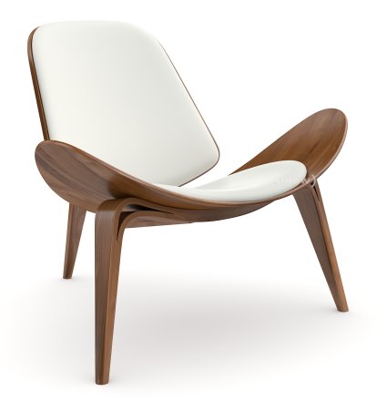 Chaise CH07 Shell, Noyer laqué naturel, Cuir blanc