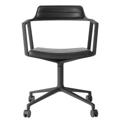 Chaise pivotante 452 sur roulettes, Cuir noir, Revêtement en poudre noir