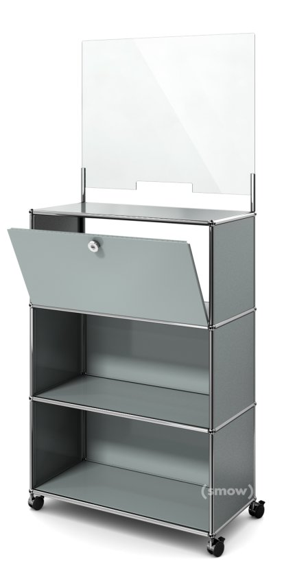 Comptoir USM Haller M avec écran de sécurité et passe-documents, Gris moyen RAL 7005, Avec roulettes