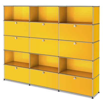 Étagère à dossiers XL USM Haller, personnalisable, Jaune or RAL 1004, Avec 3 portes abattantes, Avec 3 portes abattantes, Ouvert, Avec 3 portes coulissantes