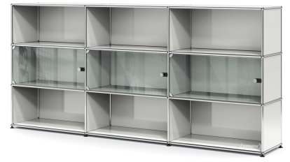 Meuble haut XL avec 3 portes vitrées USM Haller, Avec poignée sans serrure, Gris clair RAL 7035