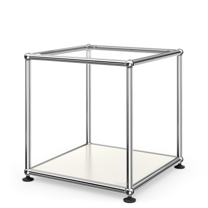 Table d'appoint 35 USM Haller, Panneau supérieur en verre, panneau inférieur en métal, Blanc pur RAL 9010