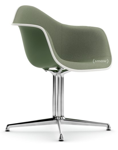Eames Plastic Armchair DAL, Forêt, Rembourrage intégral, Ivoire / forêt, Aluminium poli, Nouvelle hauteur d'assise (43,0 cm)