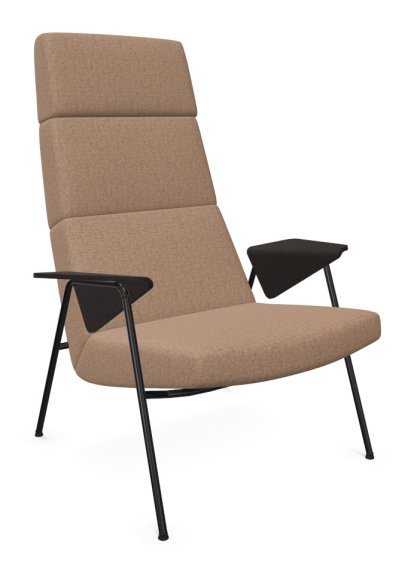 Fauteuil Votteler, Dossier haut, Tissu Gaia quartz, Peint par poudrage noir mat, Chêne fumé