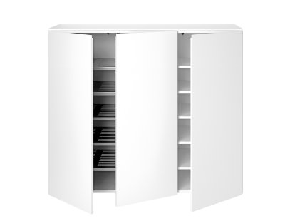 Commode Urban, Avec 3 portes, Tablettes en tôle perforée à gauche / étagères à droite, Avec patins