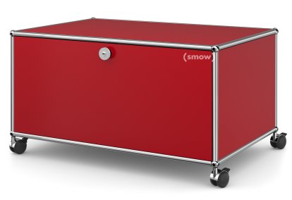 Meuble bas Lowboard TV sur roulettes USM Haller, Avec porte abattante et paroi arrière, Rouge rubis USM