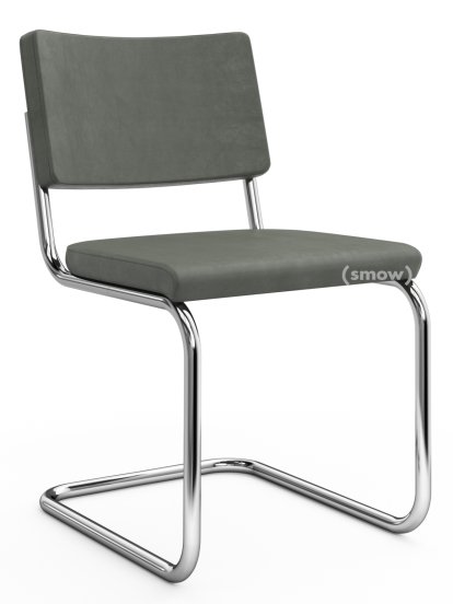 Chaise cantilever S 32 PV Pure Materials, Cuir Nubuk vert-gris, Chromé, Patins en plastique noir avec feutre