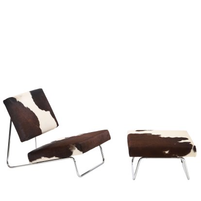 Fauteuil de salon Hirche, Peau de vache, marron / blanche, Chromé, avec repose-pieds