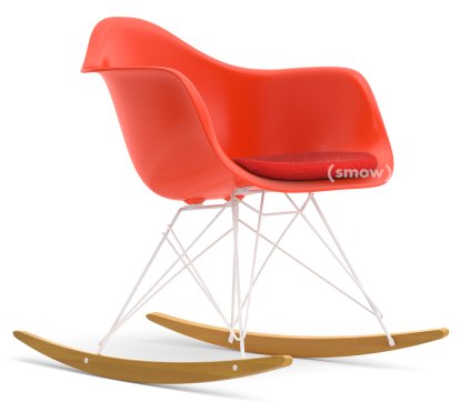 Eames Plastic Armchair RE RAR avec rembourrage, Rouge coquelicot, Avec coussin d'assise, Corail / rouge coquelicot, Sans passepoile, Blanc/érable nuance de jaune