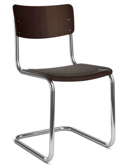 Chaise cantilever S 43 classique, Piétement chromé, Hêtre teinté, Marron foncé (TP 89), Coussin d'assise avec rembourrage noir, Sans patins