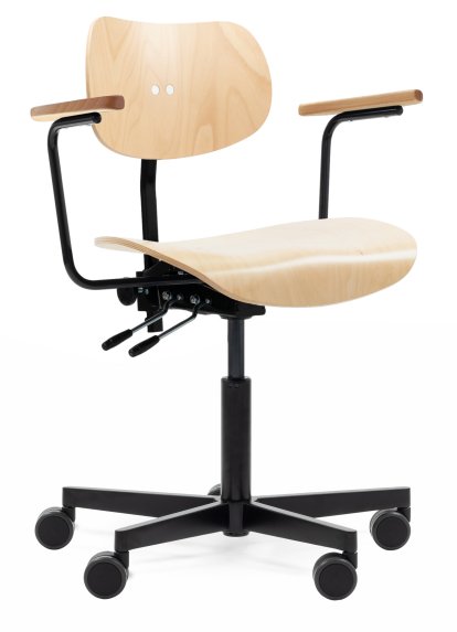 Chaise pivotante S 197 R20, Avec accoudoirs, Hêtre naturel, Poudre noir mat, Roulettes doubles noir pour sols durs